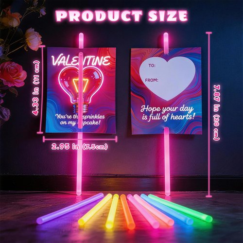 50 Glow Sticks with 24 Valentines Day Card, Glow in The Dark Neon Party Favors for Classroom Exchange, School Prizes, Kids Valentines Day Gifts Party Supplies Glow Stick Bracelets and Necklaces