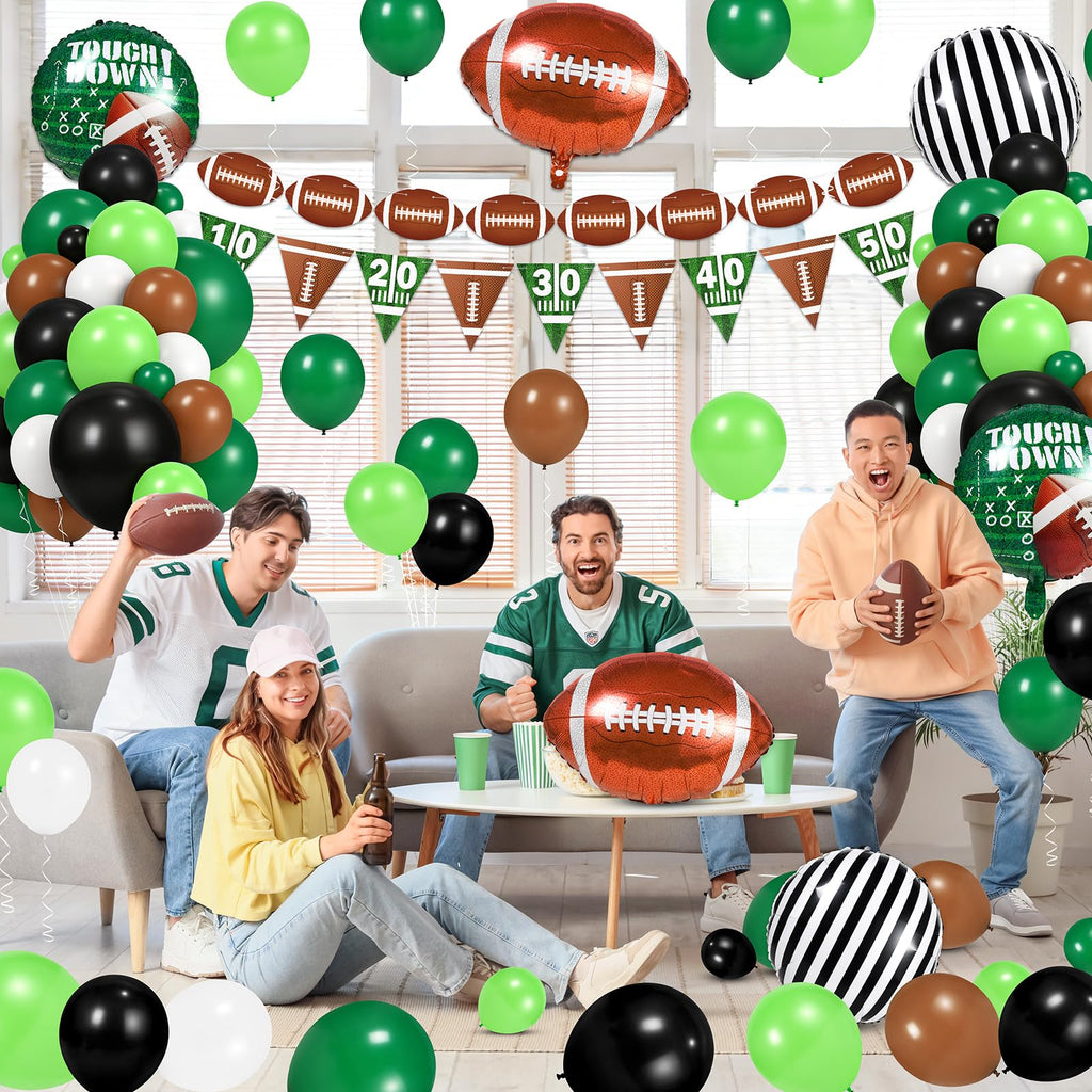 130 PCS Football Balloon Garland Arch Kit - Sage Green & Coffee Brown Balloons with Football Foil Balloon Foil Fringe Curtains for Touch Down Rugby Sport Theme Party Decorations
