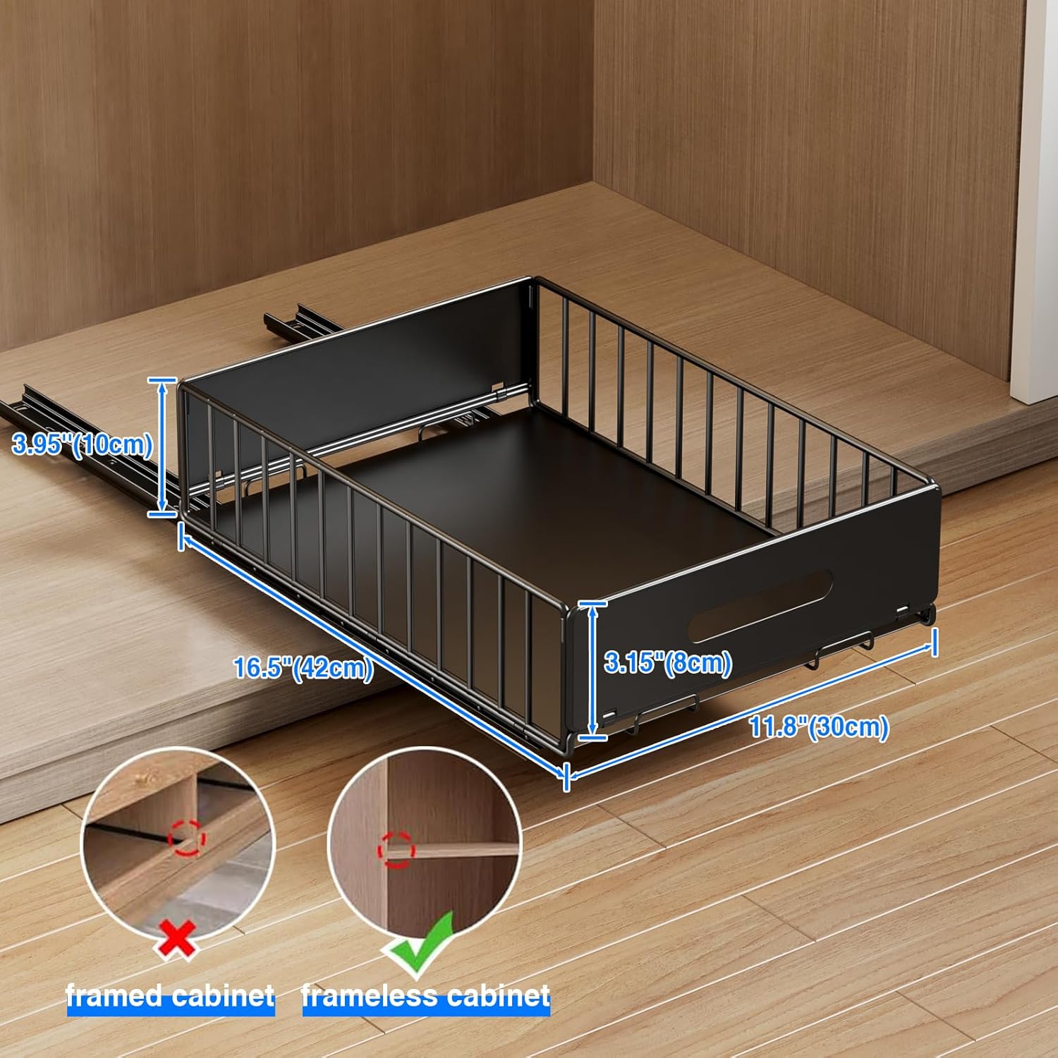 Mustorn Pull Out Cabinet Organizer - Heavy Duty Slide Out Drawers for Kitchen & Bathroom | 16.5"D x 11.8"W x 3.94"H - Black