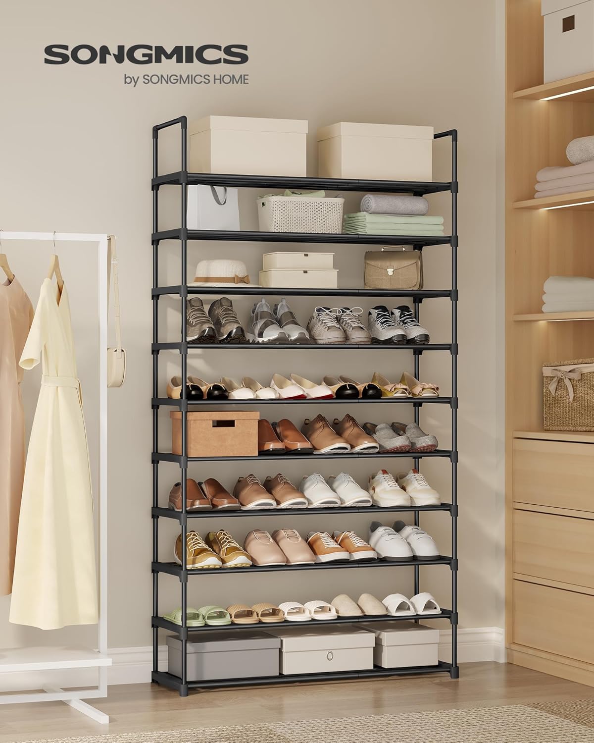 SONGMICS 10-Tier Shoe Rack - Versatile Metal Organizer for 44-55 Pairs | Black, 11.8 x 36.2 x 68.1 Inches