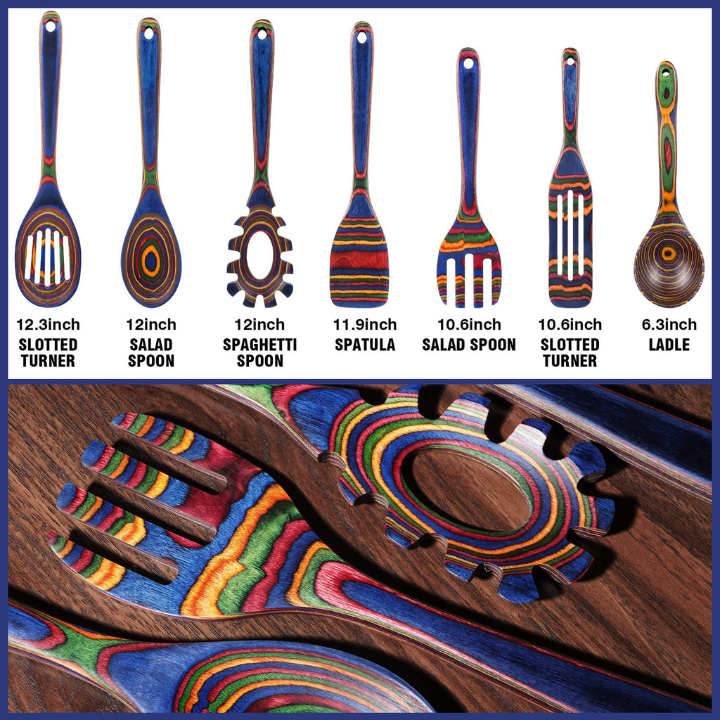 MYRAINBOW Wooden Spoons for Cooking – 7 Piece Pakkawood Kitchen Utensils Set with Spatulas, Spoons, Ladles, and Turner for Mixing, Serving & Cooking