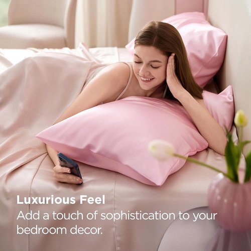 Bedsure Satin Pillowcase Set of 2 - Luxurious Pink Pillow Covers for Hair & Skin | Queen Size 20x30 Inches
