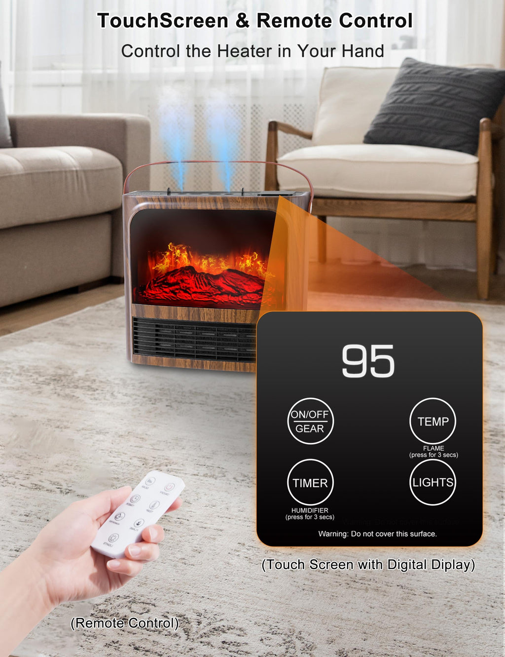 Electric Fireplace Heater with 3D Realistic Flame, Humidifier, Thermostat, Safety Protection, Remote Control, Timer, Electric Space Heater, 1500W/750W Portable Fireplace Heater for Indoor Use