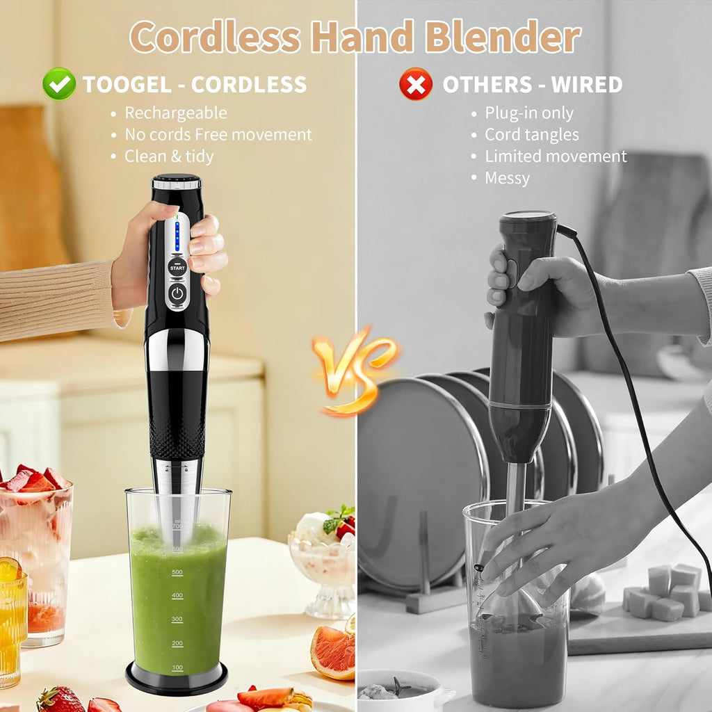 Toogel Cordless Immersion Blender - 4-in-1 Electric Hand Blender with 21 Speeds & USB Rechargeable | BPA-Free, Dishwasher Safe (Black)