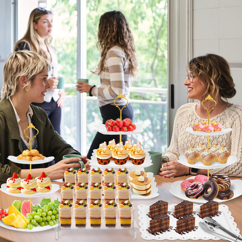 Xoogifae 13pcs Dessert Table Display Set, 4pcs Tiered Cupcake Stand Holder Tower, 1pc Acrylic Dessert Display Riser, 6pcs Serving Trays, 2pc Tong Combo For Wedding Party Birthday Bride Baby Shower