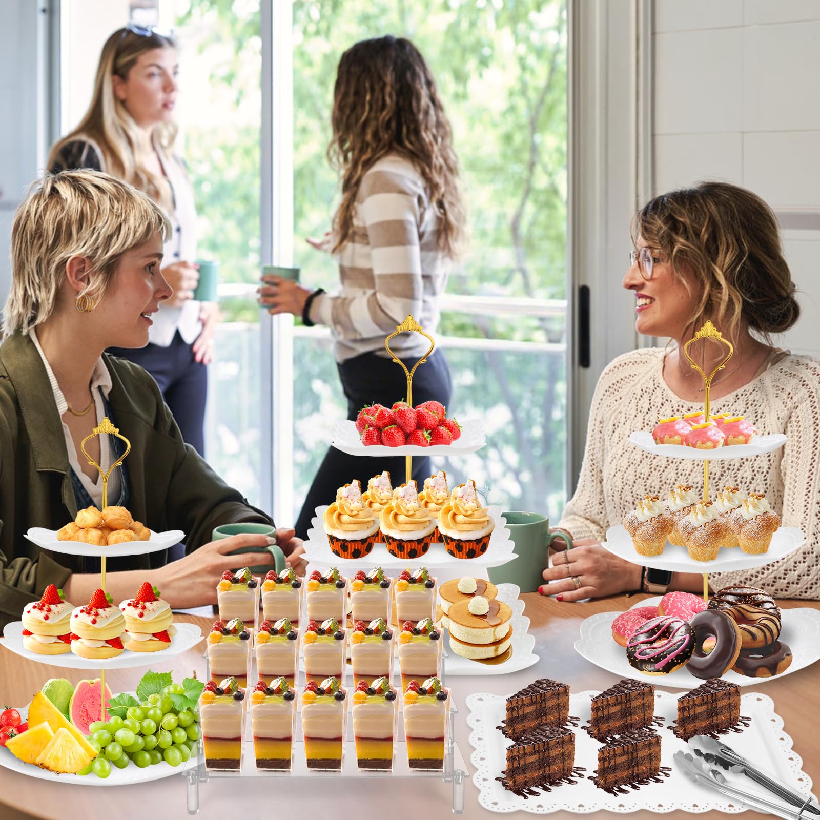 Xoogifae 13pcs Dessert Table Display Set, 4pcs Tiered Cupcake Stand Holder Tower, 1pc Acrylic Dessert Display Riser, 6pcs Serving Trays, 2pc Tong Combo For Wedding Party Birthday Bride Baby Shower