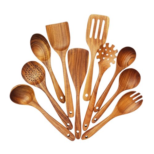 DADU BADU 10 Piece Teak Wood Utensil Set - Non-Toxic, Ultimate Kitchen Cooking Spoons & Spatulas for Nonstick Cookware - Includes Pasta Spoon, Ladle & Skimmer - Premium Wooden Utensil Gift Set