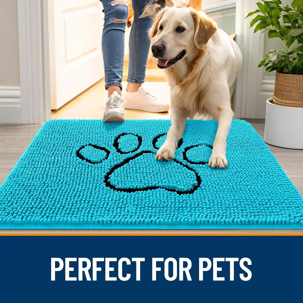 OLANLY Dog Door Mat - Absorbent Non-Slip Mud Mat for Dogs | Paw Print Design, Aqua Blue 30x20