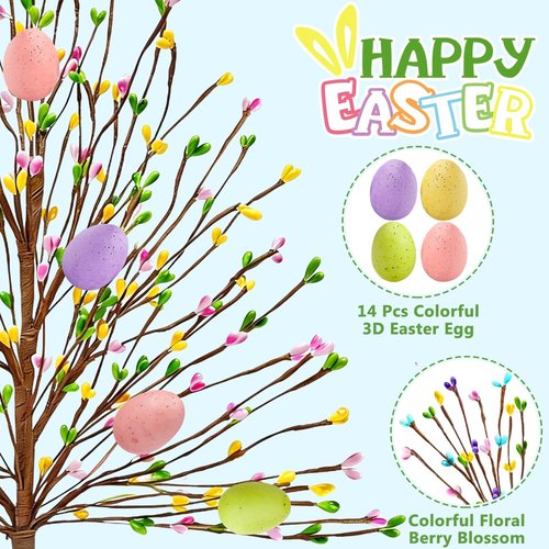 TURNMEON Easter Decorations 2 Pack Easter Tree with 14 Pastel Eggs Ornaments and Floral Berry Blossom, 15'' Tabletop Artificial Tree Easter Decor for Spring Party Table Centerpiece Room Home