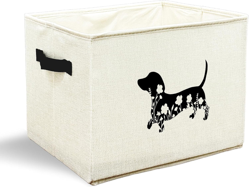 Skiennix Dachshund Dog Toy Basket - Black Floral Collapsible Storage Organizer for Pet Supplies