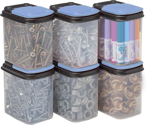 Buddeez Multi-Purpose Hardware Storage Bins - Clear Organizers with Blue Stackable Lids | 1 Quart, 8 Pack