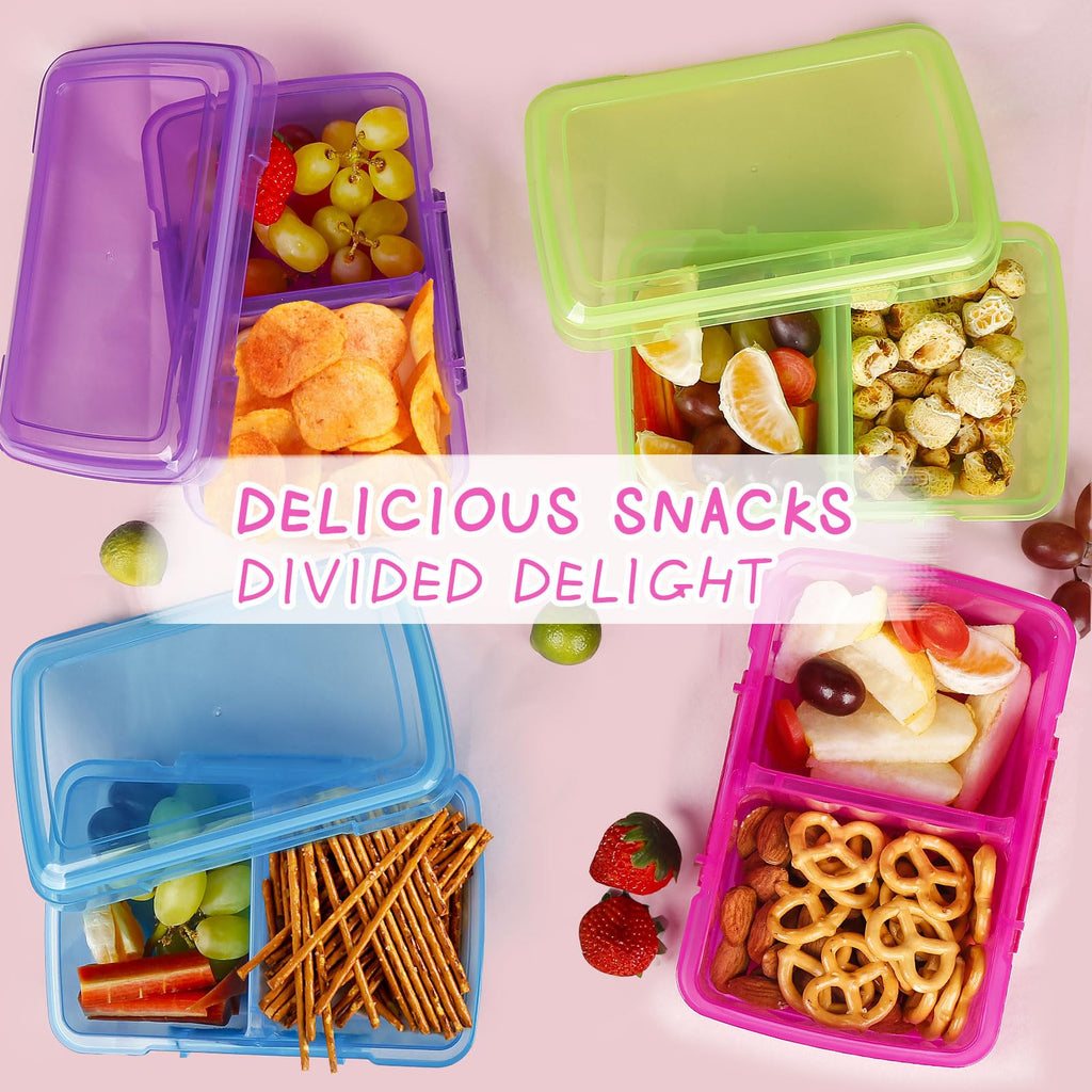 Greentainer 4 Pack Snack Containers with Lids for Kids, 2 Compartment Reusable Bento Lunch Box with Cute Forks, Divided BPA-Free Plastic Food Storage & Meal Prep for School, Travel, Fruits & Snacks