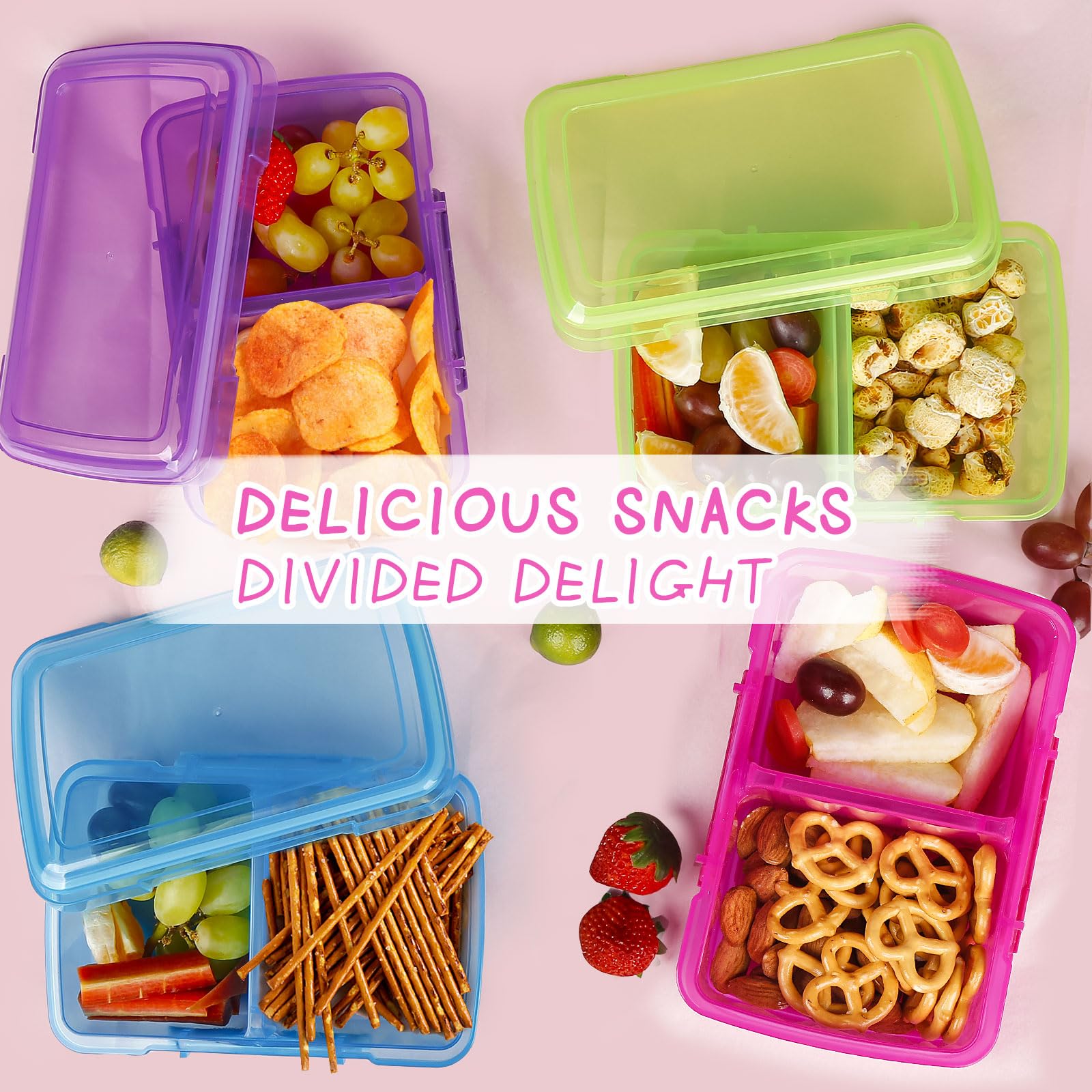 Greentainer 4 Pack Snack Containers with Lids for Kids, 2 Compartment Reusable Bento Lunch Box with Cute Forks, Divided BPA-Free Plastic Food Storage & Meal Prep for School, Travel, Fruits & Snacks