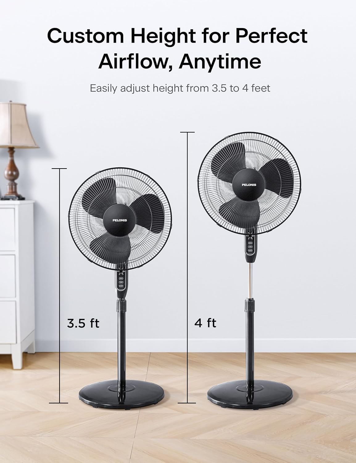 PELONIS 16'' Pedestal Fan - Remote-Controlled, 90° Oscillation, Adjustable Height | Ideal for Bedroom & Office Cooling