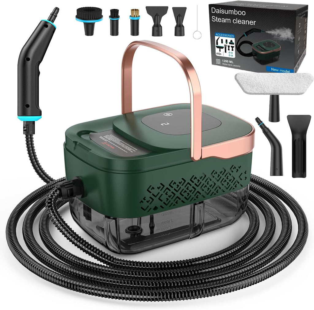 Skiennix Steam Cleaner - 2500W Handheld Grout Cleaning Machine with 1.32QT Tank & 10 Attachments | Green/Gold