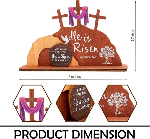 Alcarin He Is Risen Easter Decor - Wooden Resurrection Scene with Cross & Figurines | Christian Tabletop Decoration
