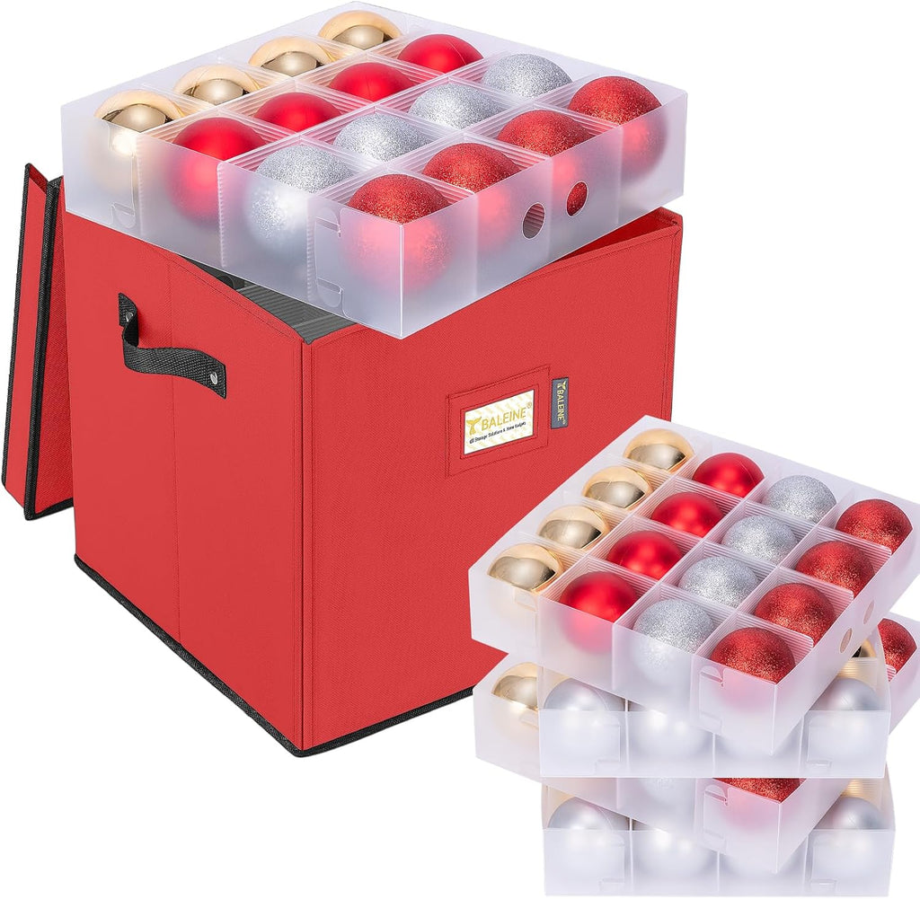 BALEINE Christmas Ornament Storage Box - Premium Red Container with Dividers for 64 Balls