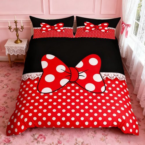 Homewish Bowknot Duvet Cover Set King Size,White Dots Bedding Set 3pcs for Kids Teens Girls Boys Room Decor, Romantic Princess Style Comforter Cover Red and Black Quilt Cover with 2 Pillowcases