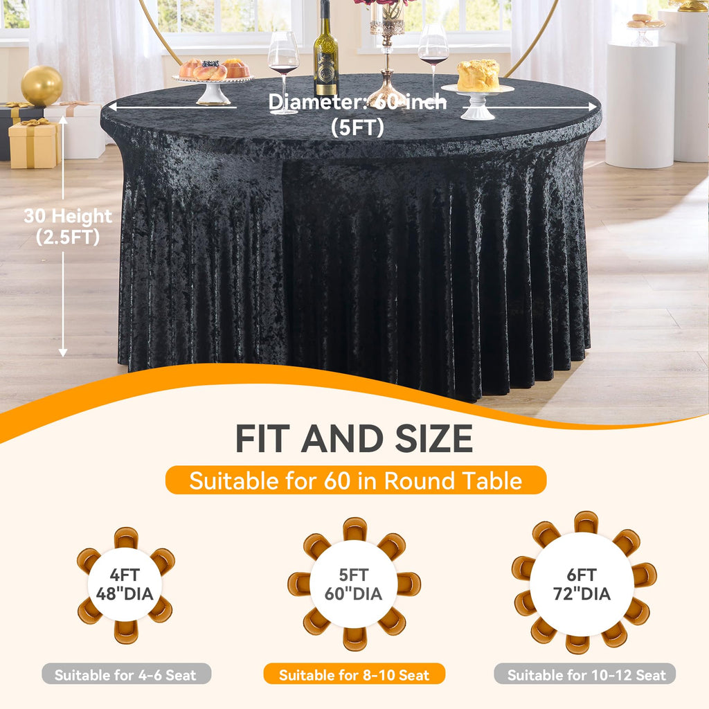 Outpain 2Pack 60 Inch Round Velvet Tablecloths - 120 Inch Stretch Spandex Table Cover with Floor-Length Skirt, Wrinkle-Free Luxury Elastic Table Cloths for Weddings,Banquets,Events (Black)