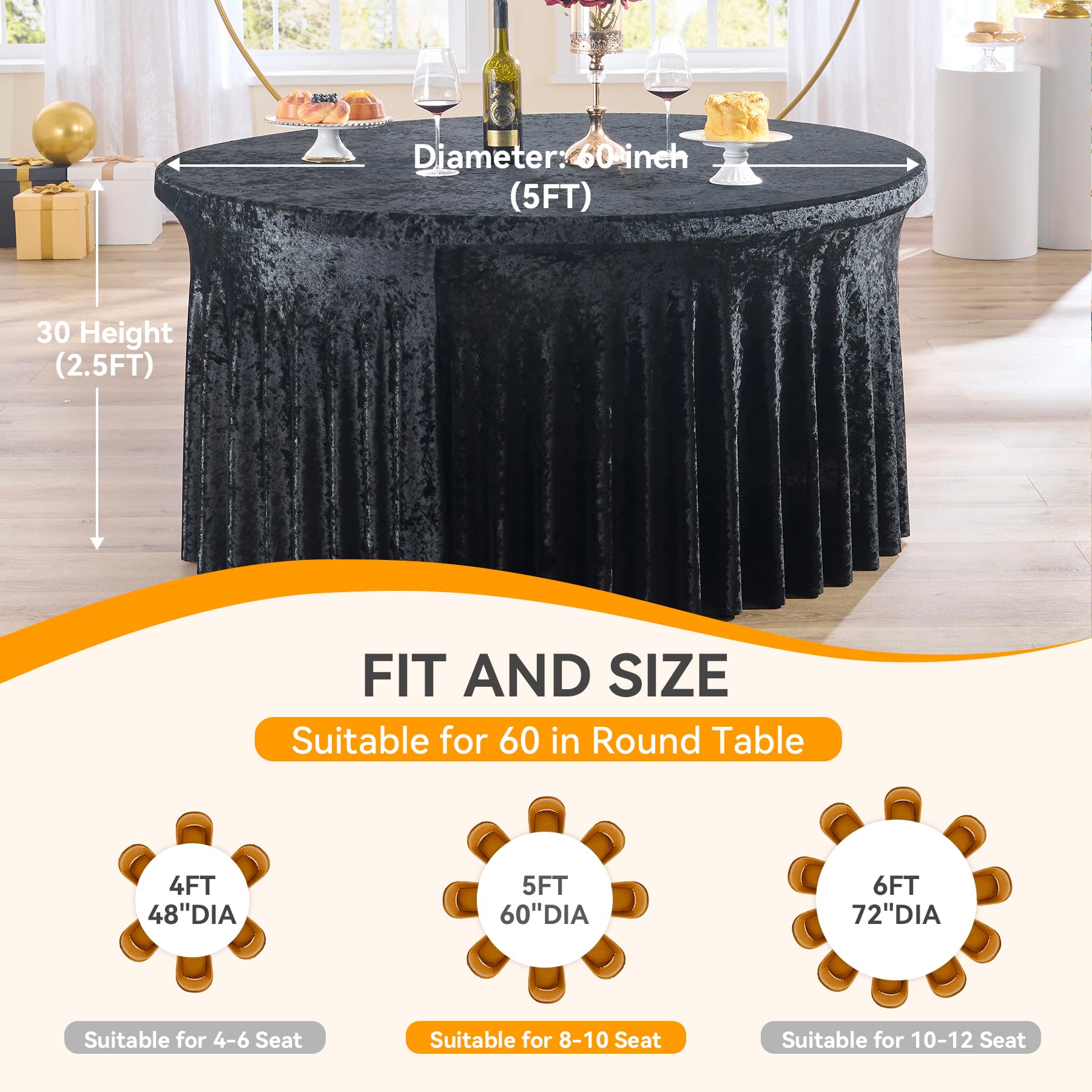 Outpain 2Pack 60 Inch Round Velvet Tablecloths - 120 Inch Stretch Spandex Table Cover with Floor-Length Skirt, Wrinkle-Free Luxury Elastic Table Cloths for Weddings,Banquets,Events (Black)