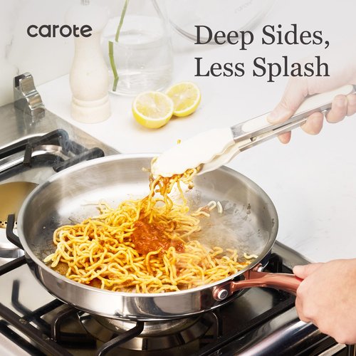 CAROTE 10" Tri-Ply Stainless Steel Frying Pan, Non-Toxic Fry Pan Egg Pan Omelet Pans, Oven Safe, Induction, Ceramic and Gas Cooktops Compatible, Silver