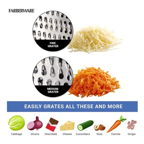Farberware Professional Stainless Steel Grater with Container, Coarse and Fine Blades, Nonslip Base, Easy-Grip Handle, Dishwasher Safe