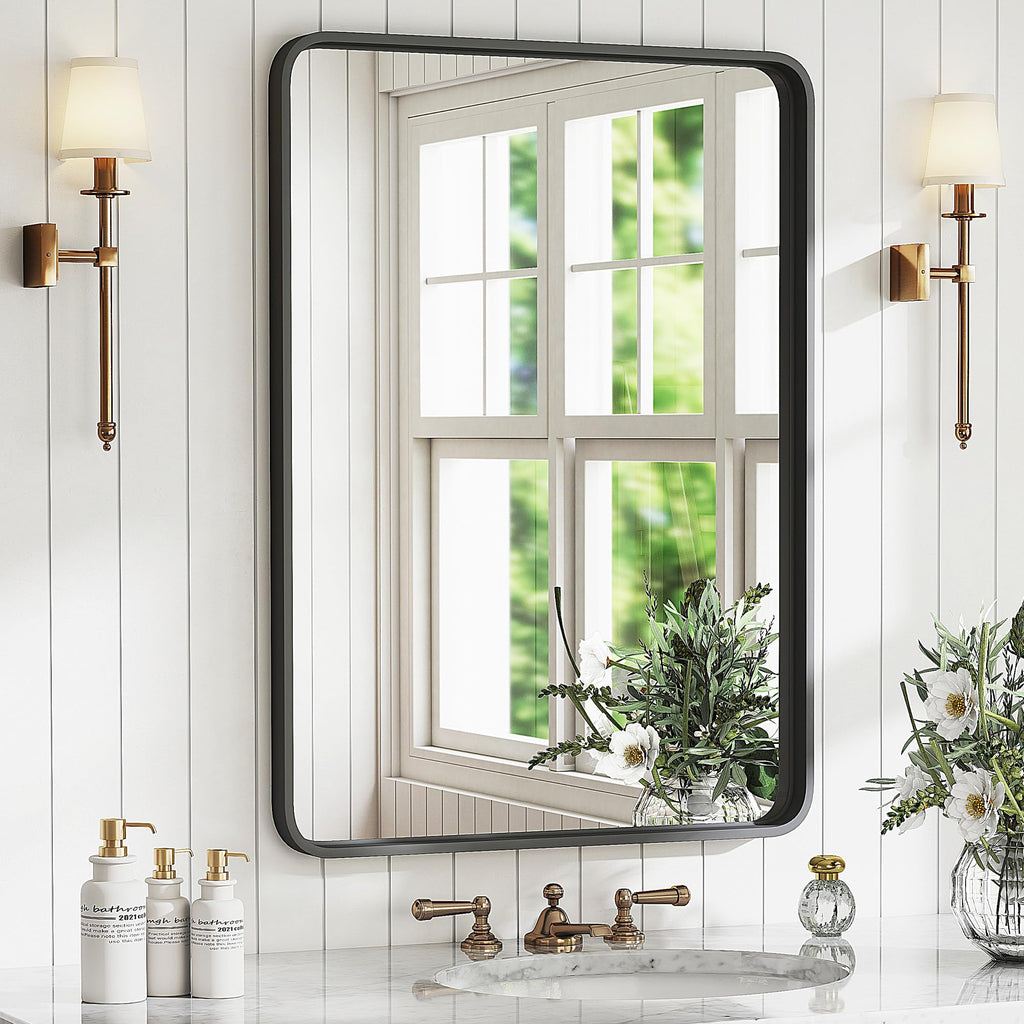 DUMOS Black Metal Bathroom Mirrors for Over Sink, 30x21 Inch Wall Mounted Vanity for Restroom, Farmhouse, Corner, Horizontally or Vertically Hanging