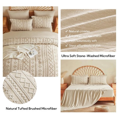 MR&HM Beige Comforter Set Queen, Tufted Boho Bedding Set, Farmhouse Bed in a Bag Set 7 Pieces with 1 Comforter, 2 Pillow Shams, 2 Pillowcases, 1 Flat Sheet, 1 Fitted Sheet for All Seasons