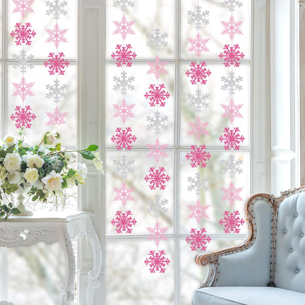 54Pcs Snowflake Garland Decorations Pink Silver Glitter Snowflake Banner for Christmas Winter Wonderland Party Decoration