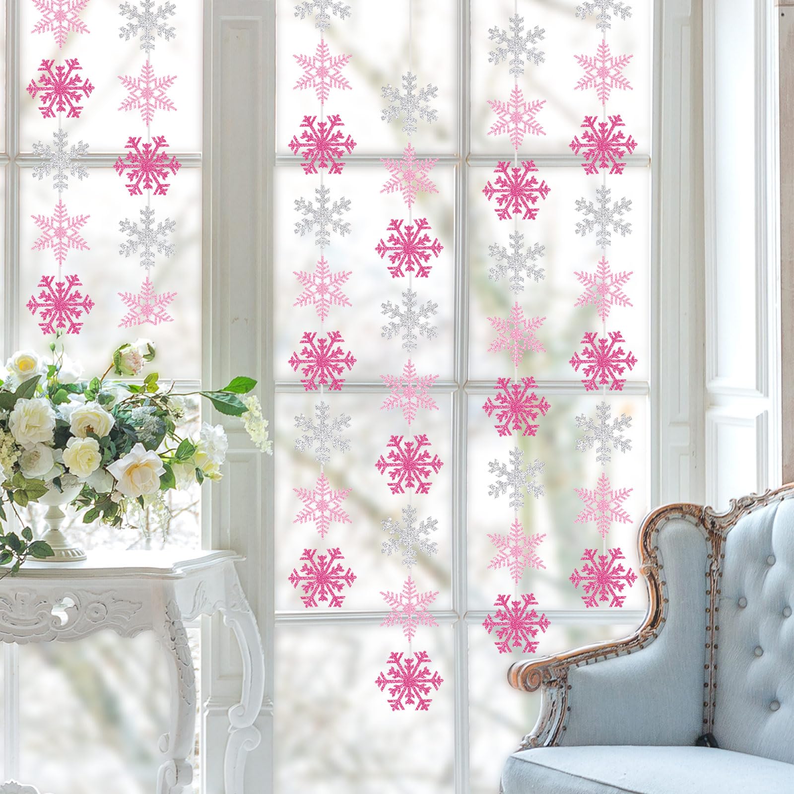 54Pcs Snowflake Garland Decorations Pink Silver Glitter Snowflake Banner for Christmas Winter Wonderland Party Decoration
