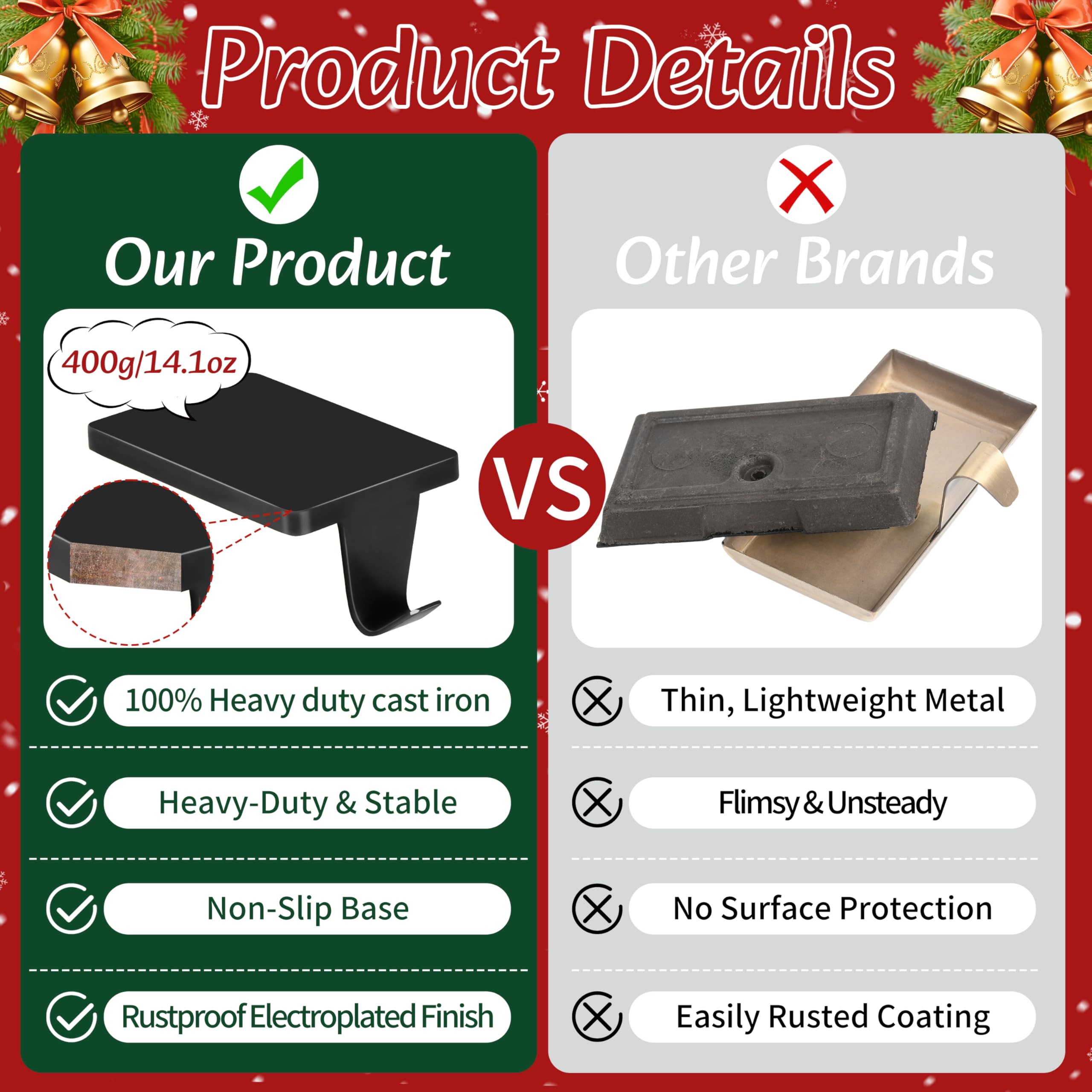 Palonu 4 Pcs Black Christmas Stocking Holders, Heavy Duty Mantle Hangers Cast Iron Hanging Hooks with Non-Slip Pad,Christmas Ornaments Xmas Holiday Decoration Shelf Window Fireplace Mantel Décor