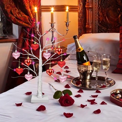 Valentines Day Decor 2 Pack 24 Inch Lighted Valentines Decorations Tree with 20 Heart Ornament, Timer/USB/Battery Operated Valentines Decor Tree Valentines Day Decorations for Home Table Bedroom Party