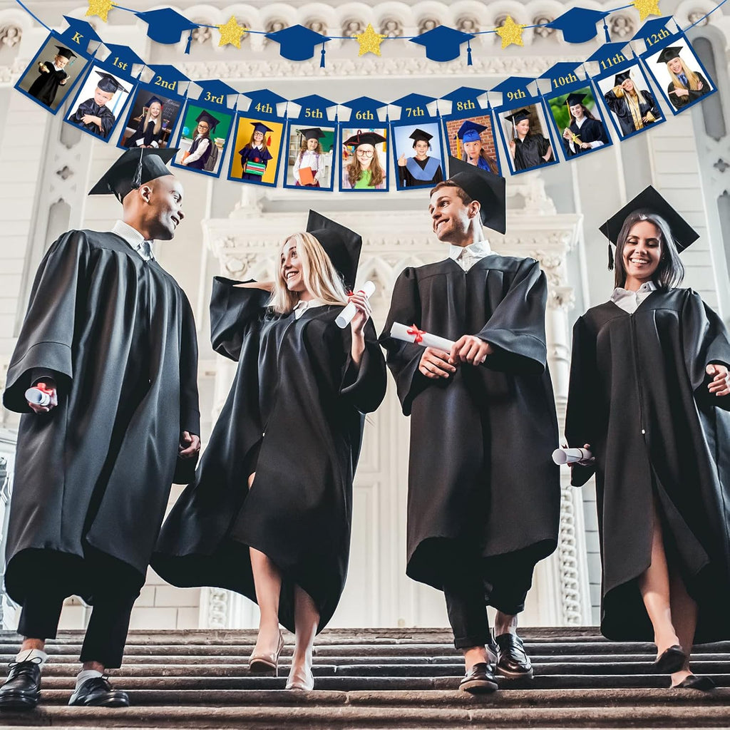 Whaline Graduation Photo Banner - Congrats Grad Bunting with Blue Gold Glitter | 5 x 7 Inch, No DIY Required