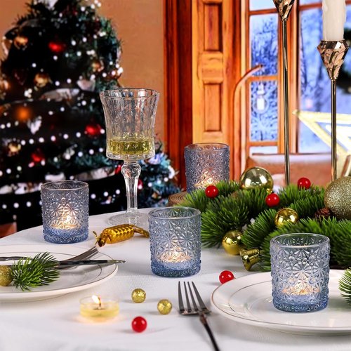 Blue Votive Candle Holders Set of 12 | Elegant Tea Light Holders for Weddings & Home Decor