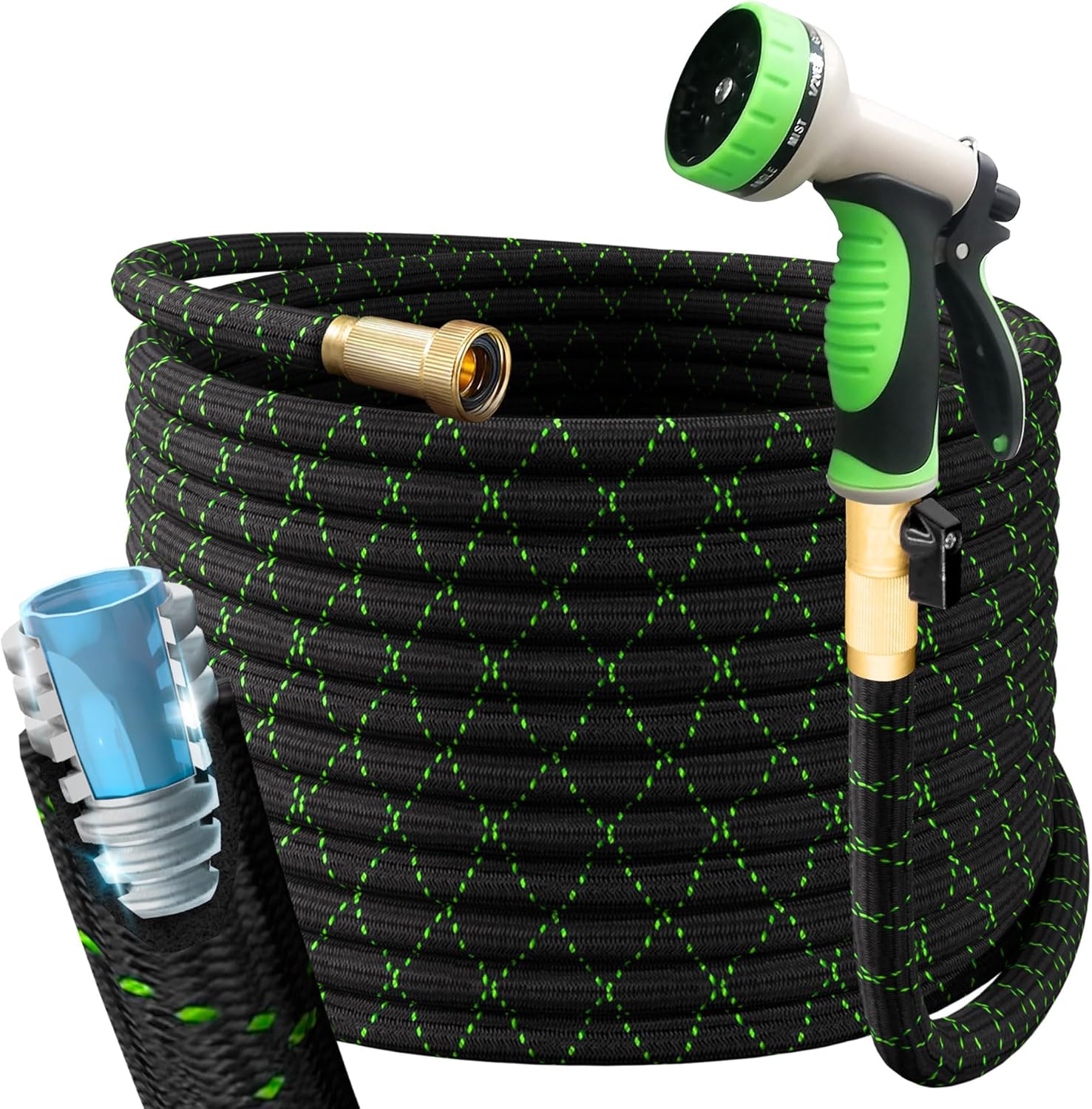 PowerFlow Stainless Steel Garden Hose - 25 Ft Durable Metal Water Hose with 10-Way Spray Nozzle | Black