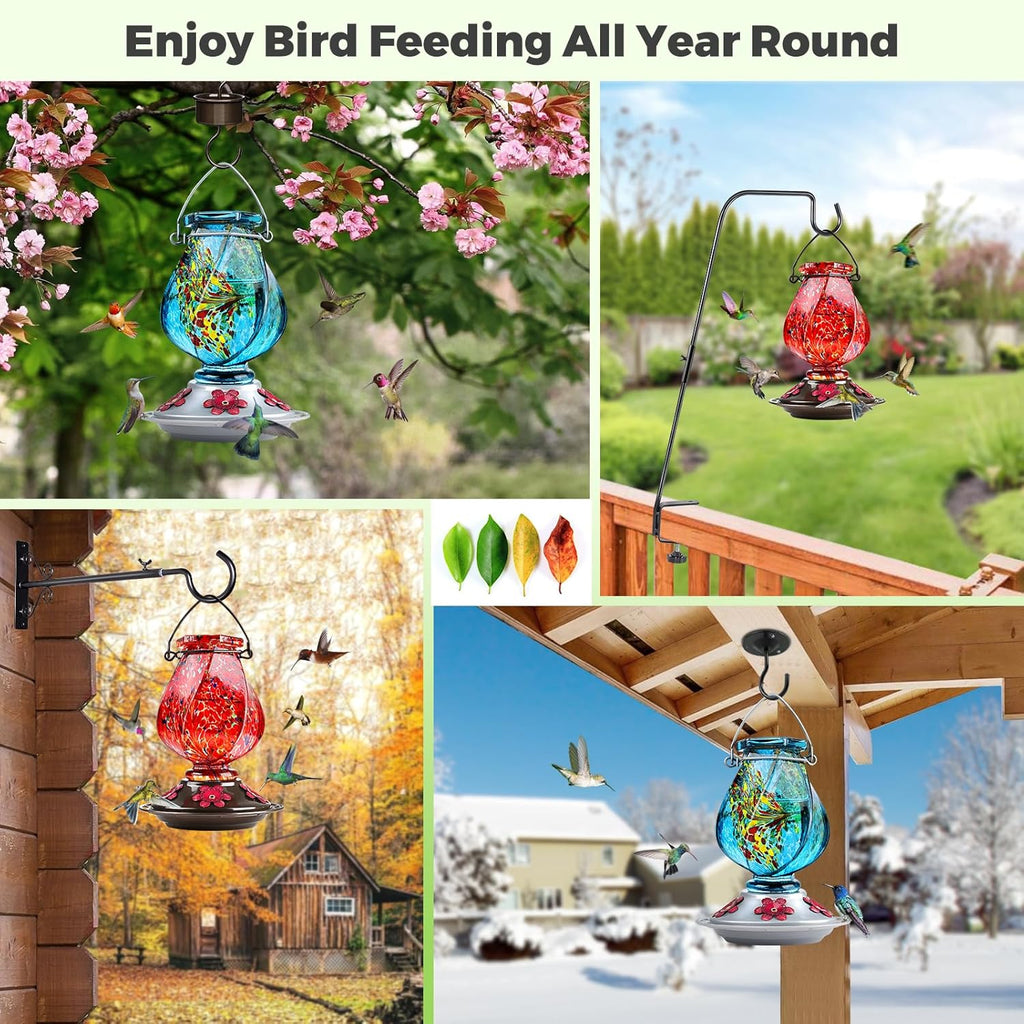 BOLITE Hummingbird Feeder - Hand Blown Glass Design with 5 Bee-Proof Ports | 22oz, Blue, Perfect Outdoor Gift