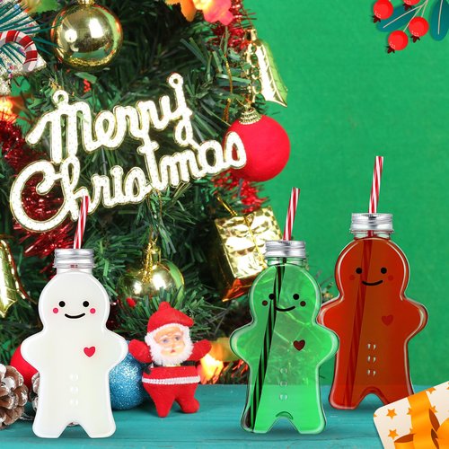 Sliner Christmas Bottles with Straws Including 20 Pcs Empty Plastic Drink Bottle & 20 Pcs Straws & Caps for Christmas Party Juice Milk Cup Drink Water Containers(20 Set,Gingerbread Man)