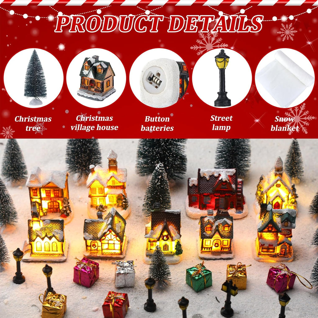 Shappy Christmas Village Houses Set - 48 Pcs with 10 LED Lights, Mini Trees & Snow Blanket