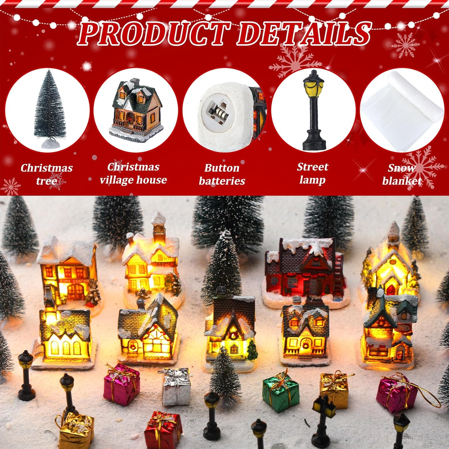 Shappy Christmas Village Houses Set - 48 Pcs with 10 LED Lights, Mini Trees & Snow Blanket