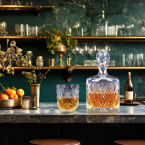 Crystal Whiskey Decanter Set for Men, Premium 37 Oz Decanter with 4 Whiskey Glasses, Whiskey Stones, Tongs - Classic Liquor Decanter for Scotch, Bourbon, Vodka, and More - Perfect for Home Bar