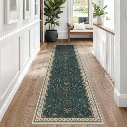 Hazo Haus Vintage Dark Green Hallway Runner Rug - Modern Boho Floral Design, Washable & Non-Slip, 2x10 ft
