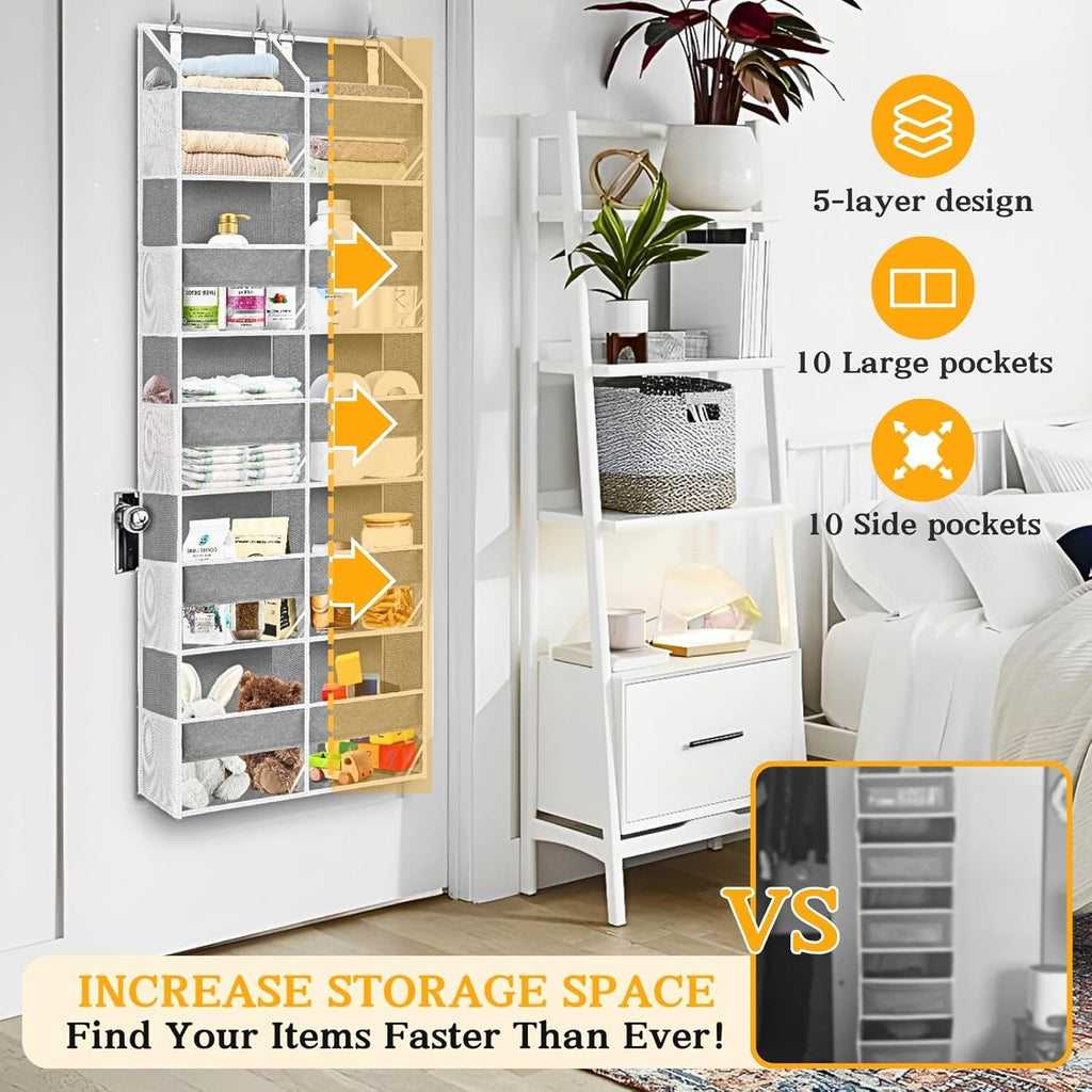 Over The Door Organizer - 5-Tier Extra Large Storage Solution with 20 Pockets | Light Grey