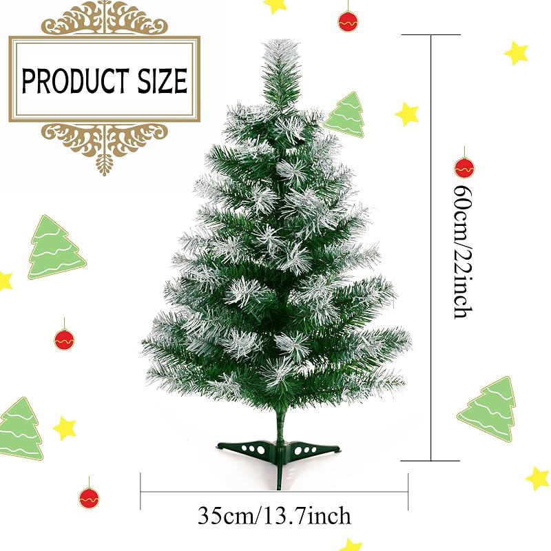 2Ft Green Tabletop Christmas Tree with Snow-Focked Tips & Plastic Stand - 24in Mini Xmas Pine