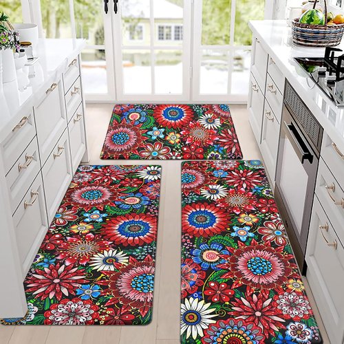 Likiyol Boho Kitchen Rugs Floral Kitchen Mats for Floor Bohemian Cushioned Anti Fatigue Mats for Kitchen Floor Non Slip Washable Kitchen Mat for Home, Sink, 18''x30''+18''x48''+18''x60'', Red