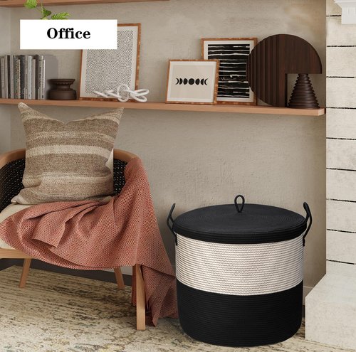 Echueuey 21" x 18"Extra Large storage baskets,Eco-friendly rope baskets with lid,blanket basket living room with lid,hampers for bedroom,big,round, Black 115L