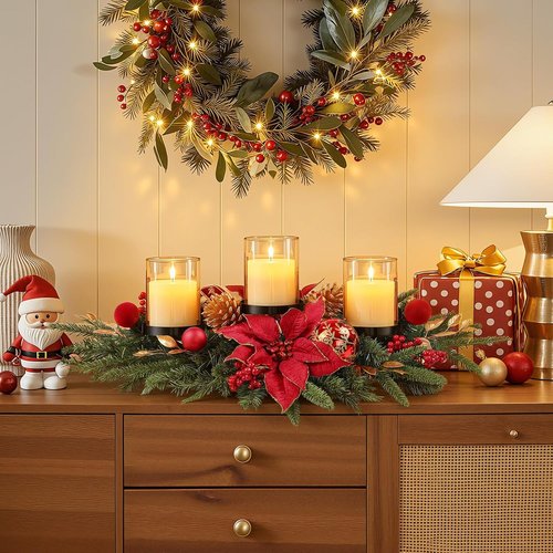 Alupssuc 28" Christmas Centerpiece - Elegant Candle Holders with Baubles & Pine Cones | Holiday Table Decor