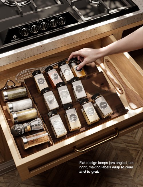 Tinamo Acacia Wooden Spice Rack Organizer for Cabinet - Spice Drawer Insert, Spice Organization for Cabinet, Seasoning Organizer, Spice Holder Pack of 8 (Walnut, Pack 8)