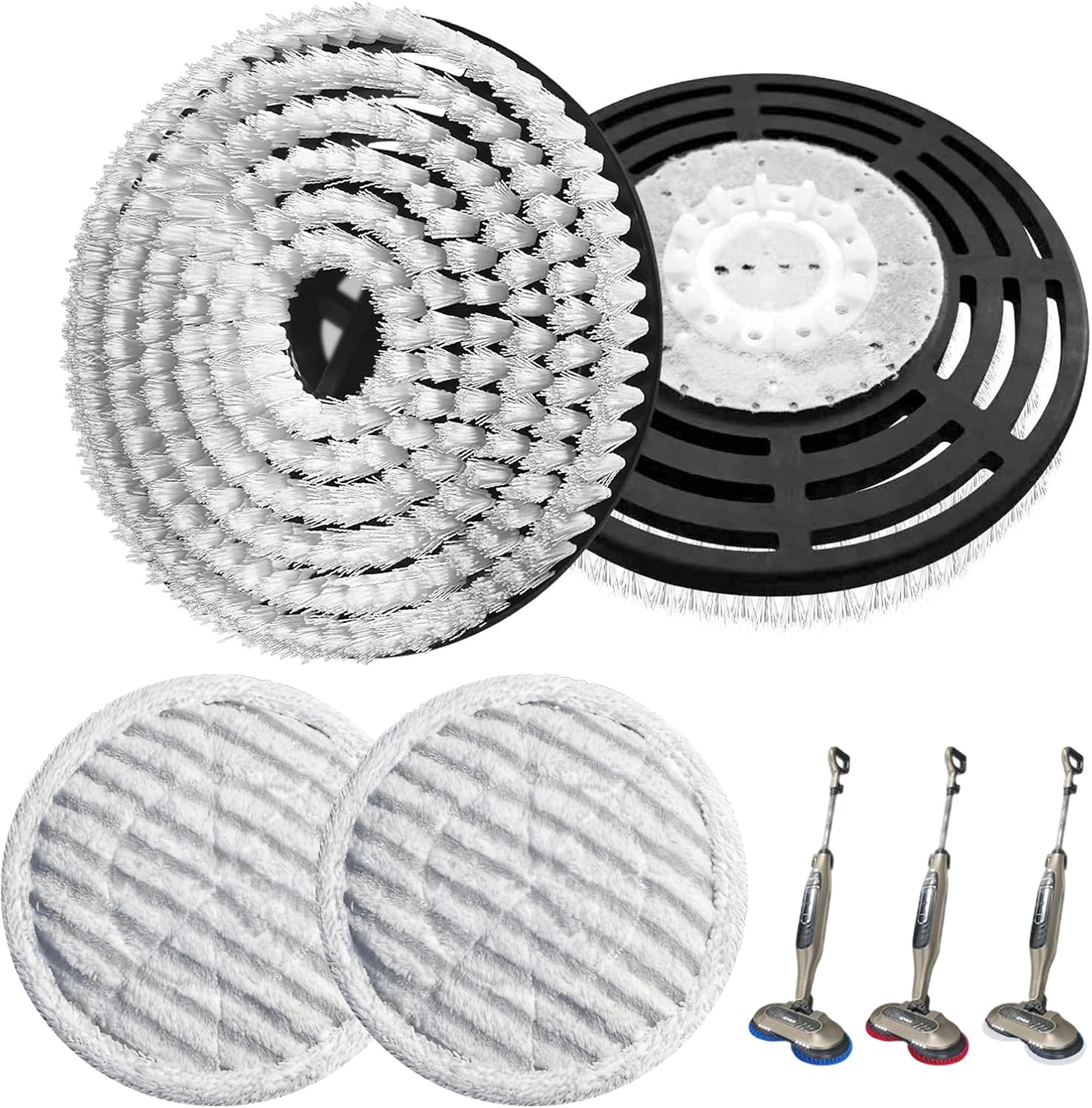 Skiennix Steam Mop Replacement Brush Pads - 4 Pack Nylon Bristle for Polishing Hard Floors | Compatible with Shark S8201/S8001/S7201/S7000 Series (2 White, 2 Gray)