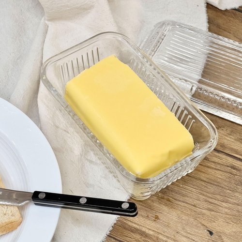 Clear Glass Butter Dish with Lid for Countertop, 6.5" Crystal Butter Dish with Cover, Covered Butter Tray for Refrigerator