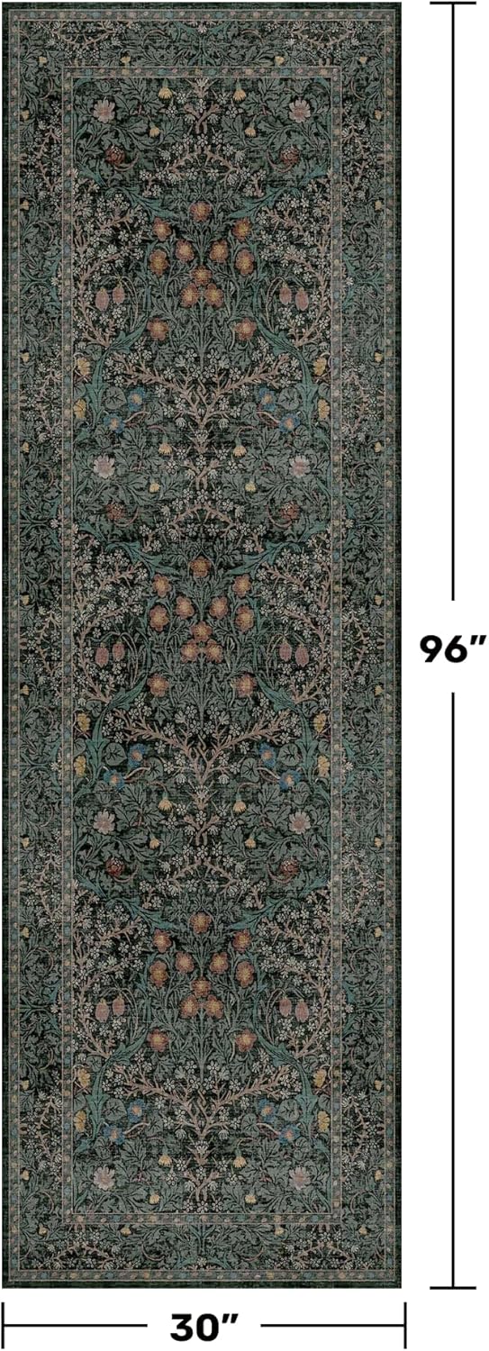 Skiennix 8ft Long Hallway Runner - Non-Slip, Washable Rubber Backing | Vintage Floral Dark Green & Black
